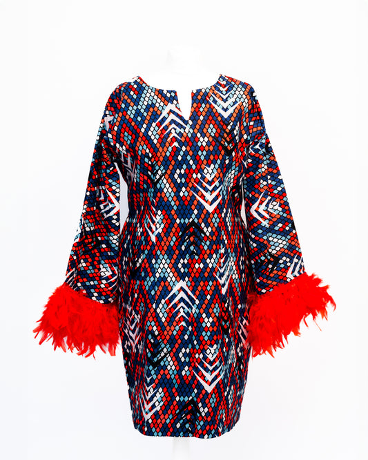 Ankara gown with Feathers on sleeve